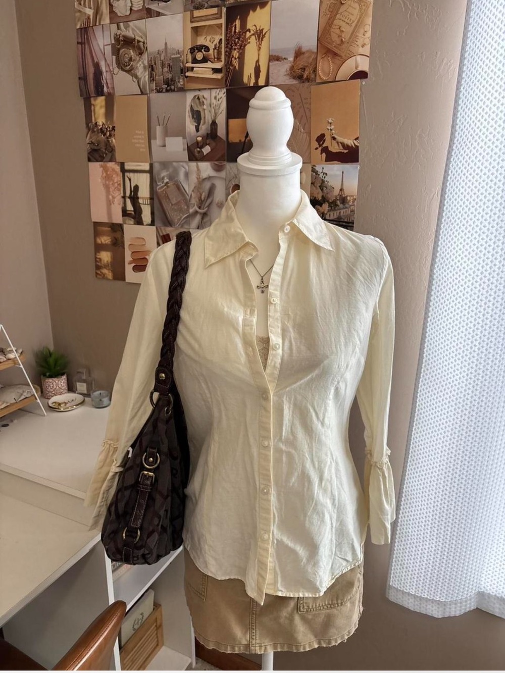 Ann Taylor loft cream coquette button up blouse